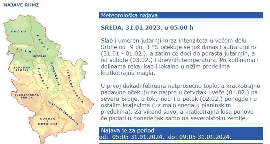 Meteorološka najava za prvu dekadu februara
