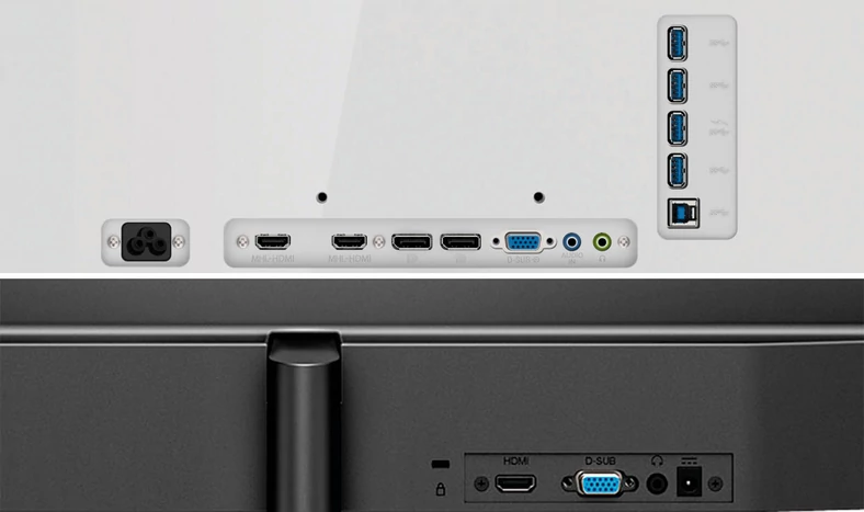 Drogie monitory jak Philips BDM4037 mają wiele łączy – między innymi HDMI, DisplayPort i hub USB. U dołu: niedrogie egzemplarze jak AOC 24B1XHS mają najczęściej jedno łącze HDMI, VGA i gniazdo dla headseta. To często w zupełności zaspokaja potrzeby