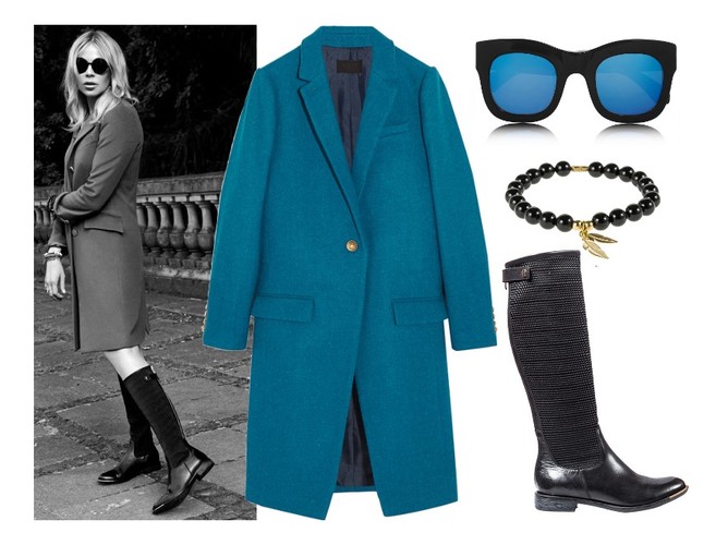 Tweedowy płaszcz J. Crew, kozaki Carinii z cholewką z karbowanej tkaniny, okulary Illesteva, bransoletka Tom Shot