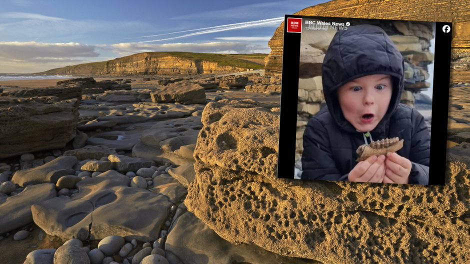 Dunraven Bay, Glamorgan. 7-latek znalazł tam ludzką kość (fot. Facebook/BBC Wales News)