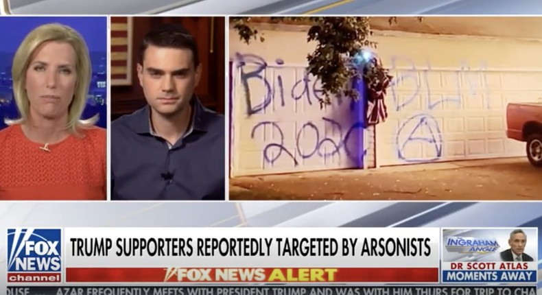 A screenshot from Fox News' Ingraham Angle on September 24, 2020 showing Ingraham and Ben Shapiro commenting on an apparent attack.