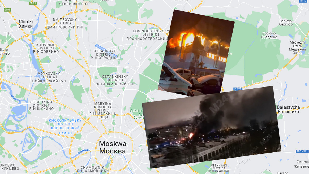 Pożar warsztatu samochodowego w Moskwie. Kłęby dymu nad miastem