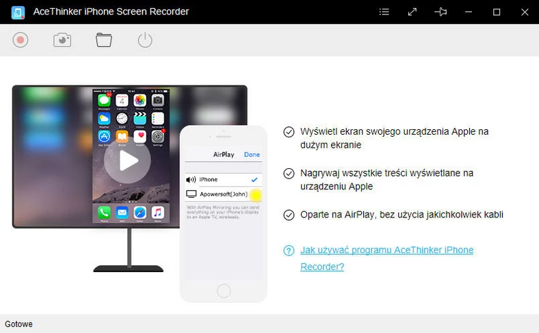 Główne okno programu do klonowania i nagrywania obrazu z iPhone'a - AceThinker iPhone Screen Recorder