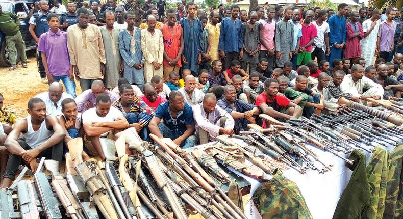 A cross section of armed robbers, kidnapers and cattle rustlers on Kaduna-Abuja Express Road paraded by the police in Katari Divisional Police Headquarters - Photo for Illustration purpose (Guardian)