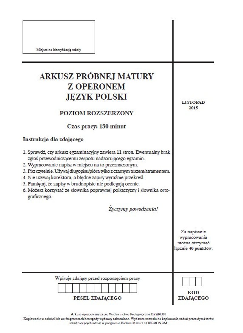 Próbna matura 2015 OPERON. Język polski. ODPOWIEDZI