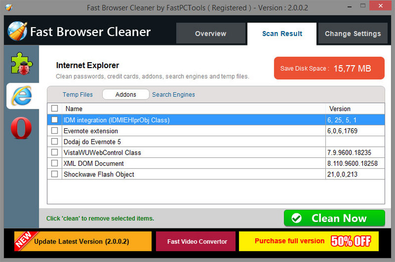 Główne okno programu do oczyszczania przeglądarek internetowych - Fast Browser Cleaner