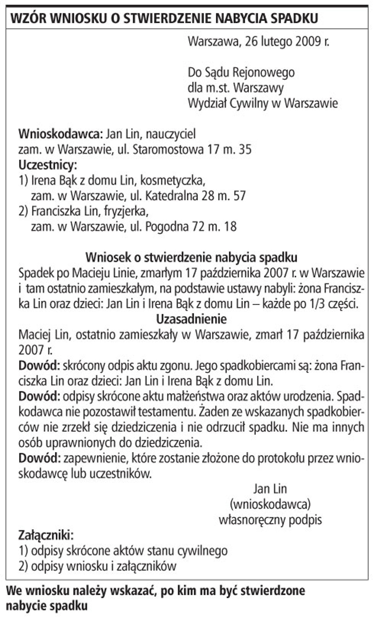 Wzór wniosku o stwierdzenie nabycia spadku