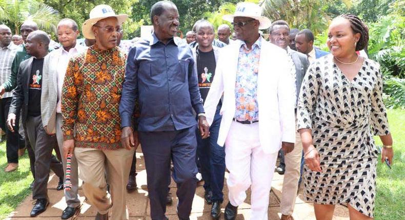 Nyandarua Governor Francis Kimemia, ODM party leader Raila Odinga, Meru Governor Kiraitu Murungi and Kirinyaga's Ann Waiguru during the BBI consultative meeting in Meru 