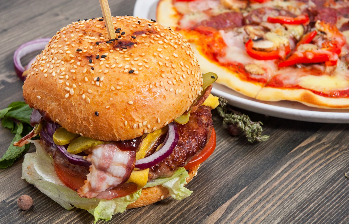 pizza, burger, jedzenie, przetworzona żywność, fast food