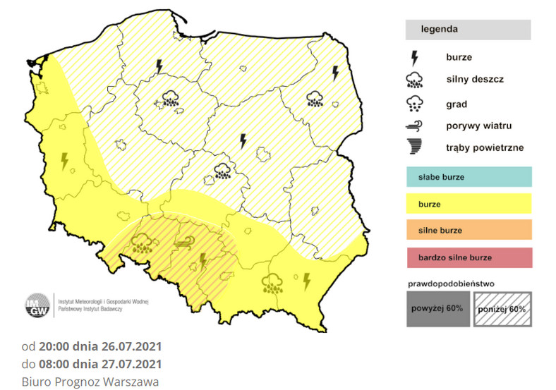 W nocy szczególnie najsilniejsze burze przejdą miejscami na Śląsku i w Małopolsce