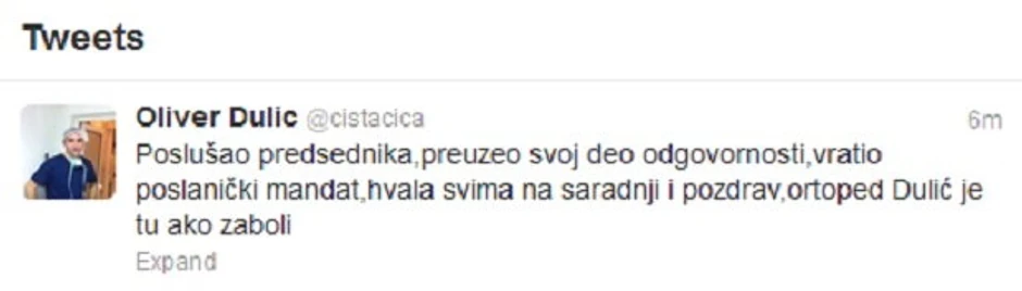 Oliver Dulić na Tviteru(kliknite za uvećanje)