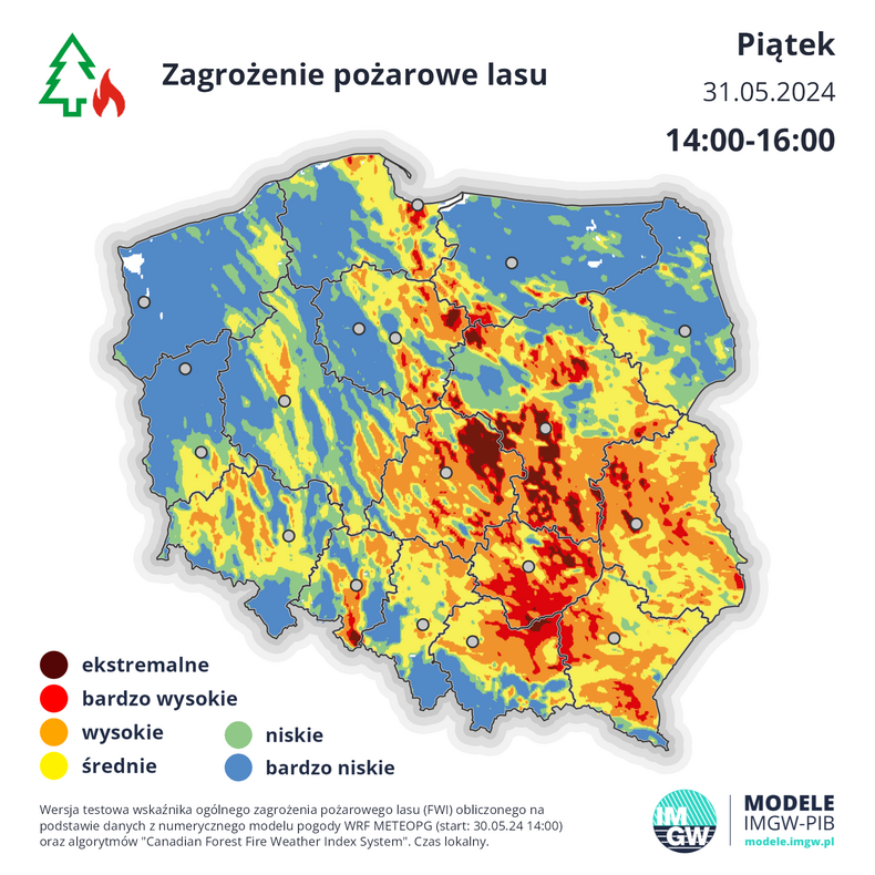 Zagrożenie pożarowe w Polsce w piątek