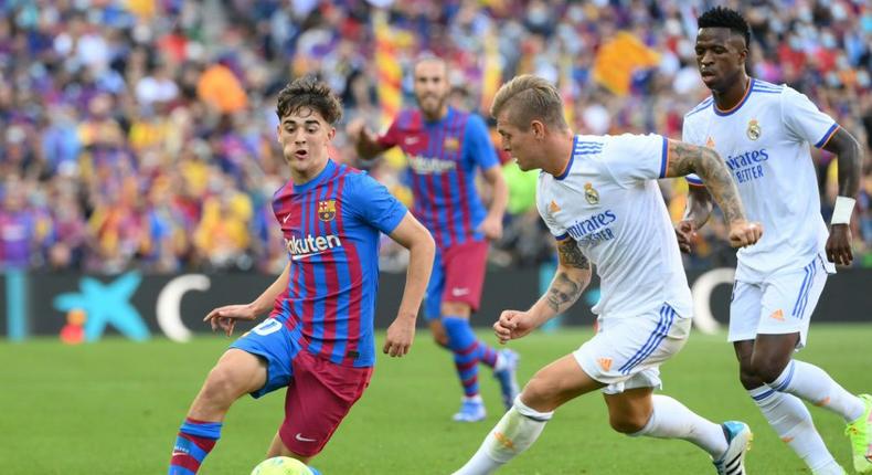 Midfielder Gavi (L) was the youngest Barcelona starter in a Clasico for almost 100 years Creator: LLUIS GENE