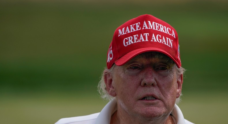 Former President Donald Trump plays during the pro-am round of the Bedminster Invitational LIV Golf tournament in Bedminster, New Jersey, on Thursday, July 28, 2022.Seth Wenig/AP