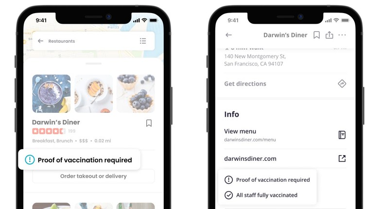 Yelp's new attributes to show vaccine requirements for businesses.
