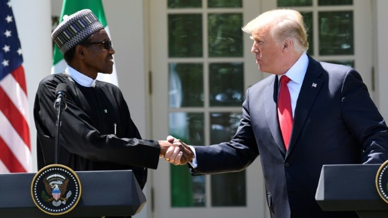 US President Donald Trump and Nigeria's President Muhammadu Buhari address the press from the White House Rose Garden on April 30, 2018 (Presidency) 