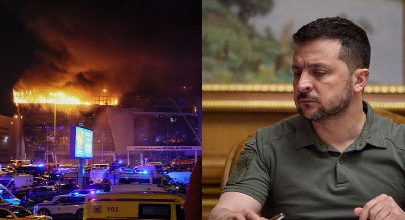 L: Emergency services vehicles are seen outside the burning Crocus City Hall concert hall following the shooting incident in Krasnogorsk, outside Moscow, on March 22, 2024. 
R: Ukraine's President Volodymyr Zelenskiy speaks with Chinese President Xi Jinping via phone line amid Russia's attack on Ukraine, in Kyiv, Ukraine, April 26, 2023.STRINGER via Getty Images/REUTERS