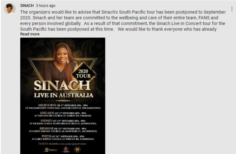 Sinach postpones her South Pacific Tour. (Tuko)