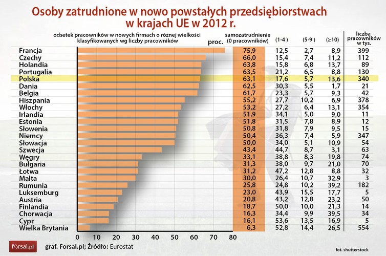 Wśród państw członkowskich, dla których dostępne są dane, jednoosobowe przedsiębiorstwa miały największy udział w zatrudnieniu w przedsiębiorstwach nowo powstałych w czternastu państwach członkowskich. Było to szczególnie widoczne w przypadku Francji (gdzie nowo utworzone przedsiębiorstwa bez jakiegokolwiek pracownika mały 75,9 proc. całkowitego zatrudnienia w nowo powstałych firmach). Kolejne były w Czechy (66,0 proc.), Holandia (63,8 proc.), Portugalia (63,5 proc.), Polska (63,1 proc.), Dania (62,5 proc.) i Belgii (61,7 proc.).