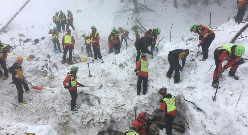 A picture released by Italy's CNSAS rescue agency shows teams working at the avalanche-hit Hotel Rigopiano