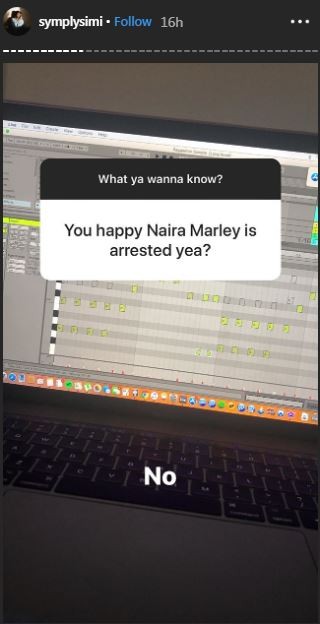 One of her fans asked if she was happy about Naira Marley's arrest to which she gave a very simple answer ''No.'' [Instagram/SymplySimi] 
