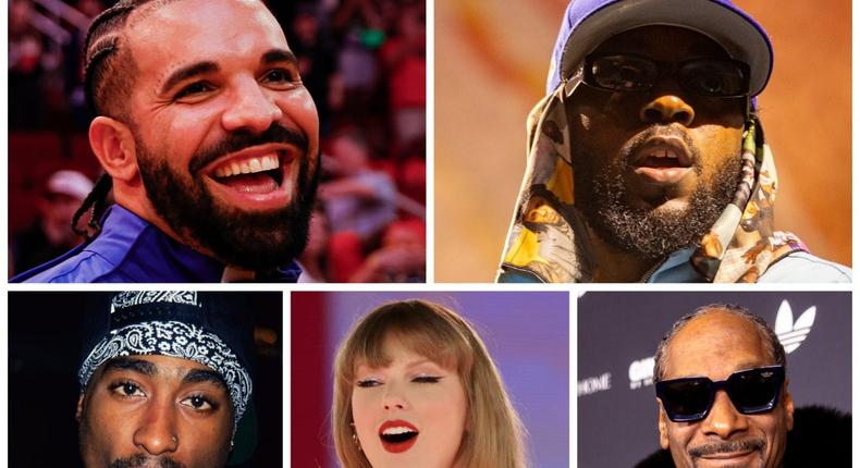 Drake referenced Taylor Swift, Snoop Dogg, and the late Tupac Shakur to diss Kendrick LamarCarmen Mandato/Getty Images // Christopher Polk/Billboard via Getty Images // Mitchell Gerber/Corbis/VCG via Getty Images // Ashok Kumar/TAS24/Getty Images for TAS Rights Management // Christopher Polk/Billboard via Getty Images