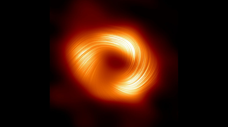 Galaxisunk, a Tejút központi szupermasszív fekete lyuka, a Sagittarius A* körül spirálisan kanyargó mágneses mezők most csavart fénynyalábokban mutatták meg magukat. / Fotó: EHT Collaboration