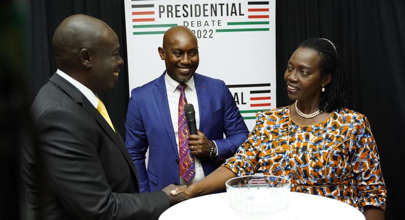 Kenya Kwanza presidential running mate Rigathi Gachagua and Azimio running mate Martha Karua ahead of the 2022 deputy presidential debate on July 19, 2022