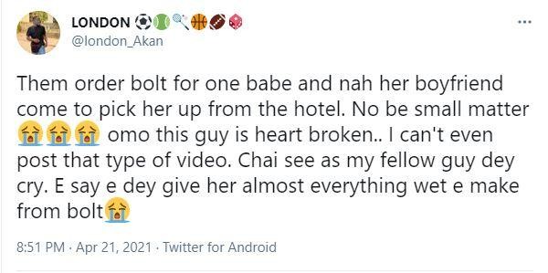 Bolt driver meets girlfriend in hotel with a client who requested his service