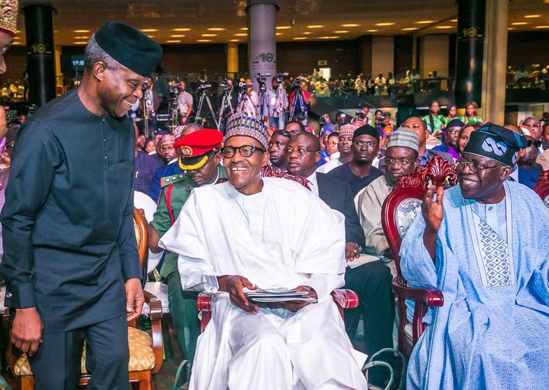 Osinbajo, Tinubu and Buhari share a joke at 10th BAT Colloquium (Presidency) 