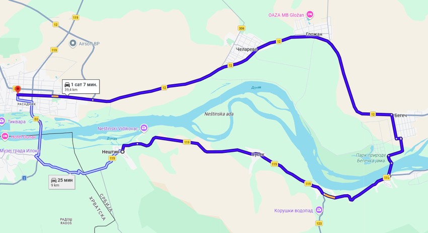 Duža ruta iz Neština i skele na dunavu do Bačke Palanke