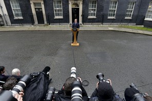 Britain's Prime Minister Cameron speaks outside 10 Downing Street in London