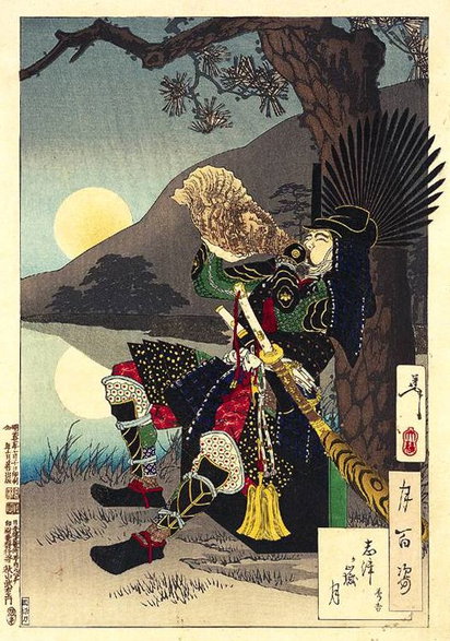 Toyotomi Hideyoshi: Księżyc i Hideyoshi, autorstwa Yoshitoshiego, przed 1892 r.<br>