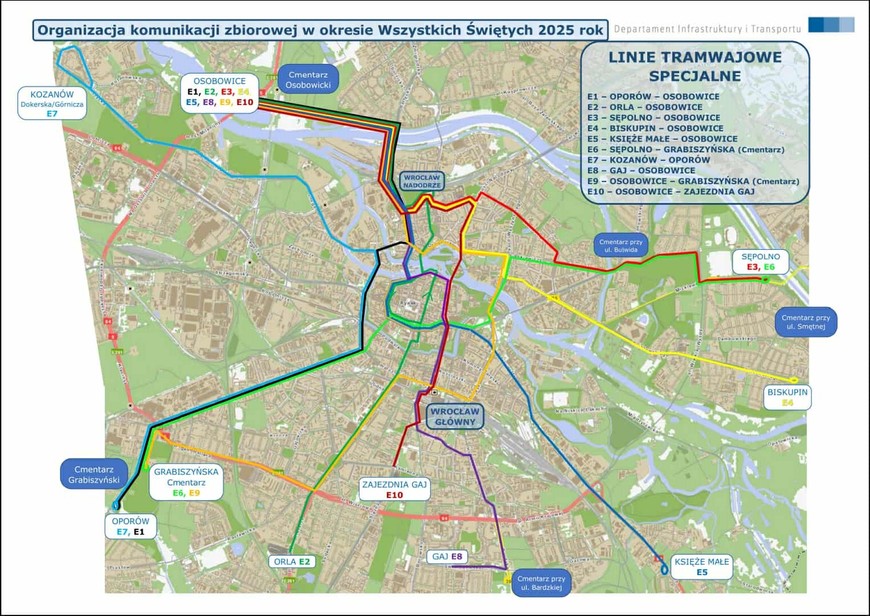 Mapka specjalnych linii tramwajowych