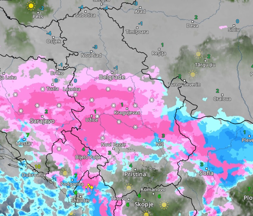 Kretanje padavina sutra u 14 časova 