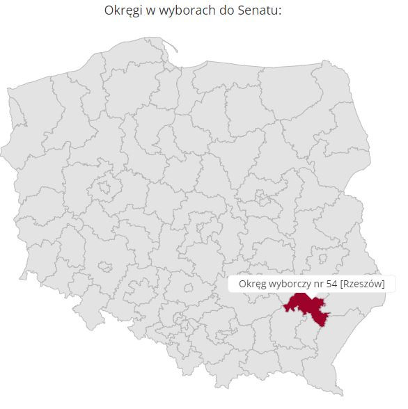 Okręg nr 54, gdzie największym miastem jest Stalowa Wola w woj. podkarpackim.