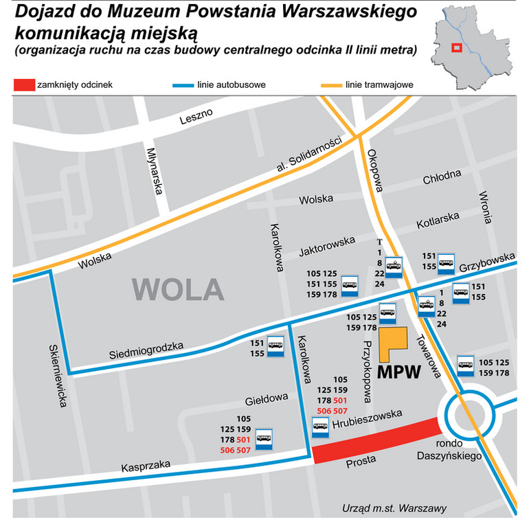 Dojazd do Muzeum Powstania Warszawskiego komunikacją miejską. (fot. materiały prasowe Urzędu Miasta Stołecznego Warszawy)