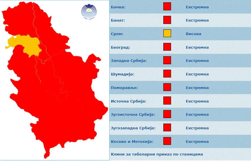 Mapa opasnosti od pojave šumskih požara u Srbiji, danas, 8. jula