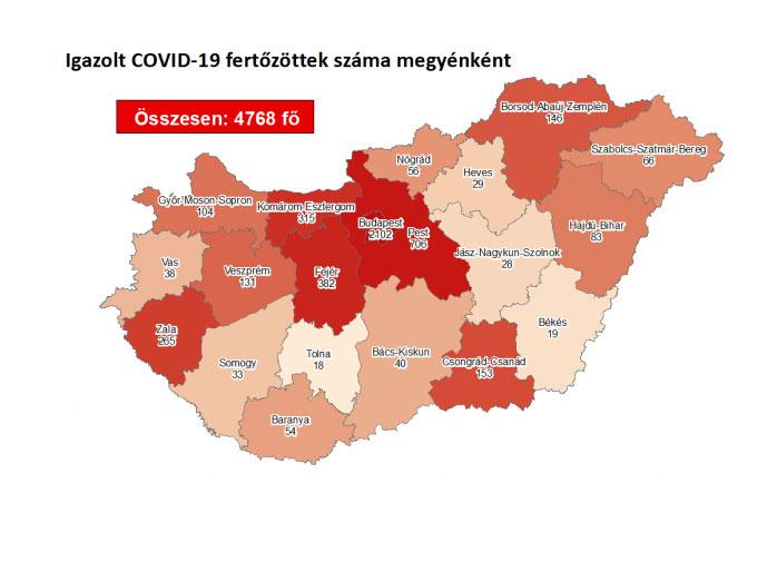 A Covid-19 fertőzöttek száma megyénként, 2020. augusztus 12-én / Forrás: koronavirus.gov.hu