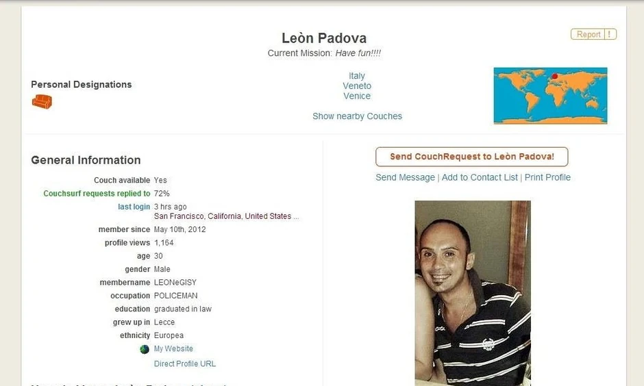 Maljov proofil na sajtu "Kaučsurfing"