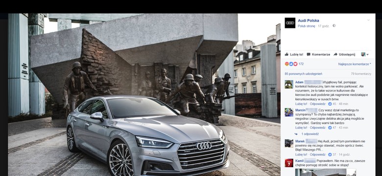 Audi zamieściło zdjęcie auta przy pomniku Powstania Warszawskiego. Burza w internecie