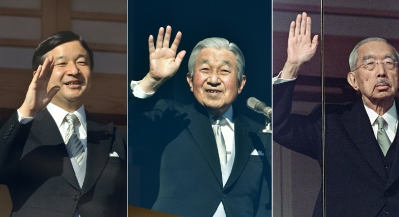 Japan's Crown Prince Naruhito (L) Emperor Akihito (C) and late emperor Hirohito