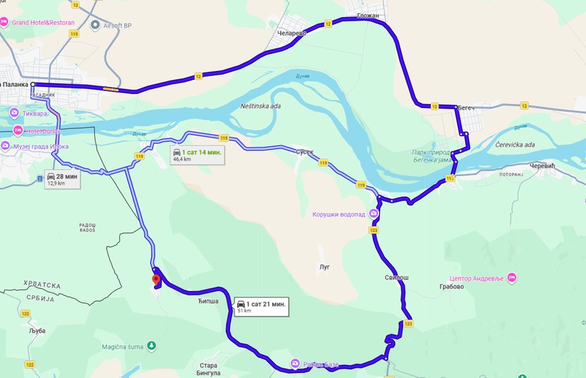 Duža ruta iz Vizića, preko skele na dunavu do Bačke Palanke