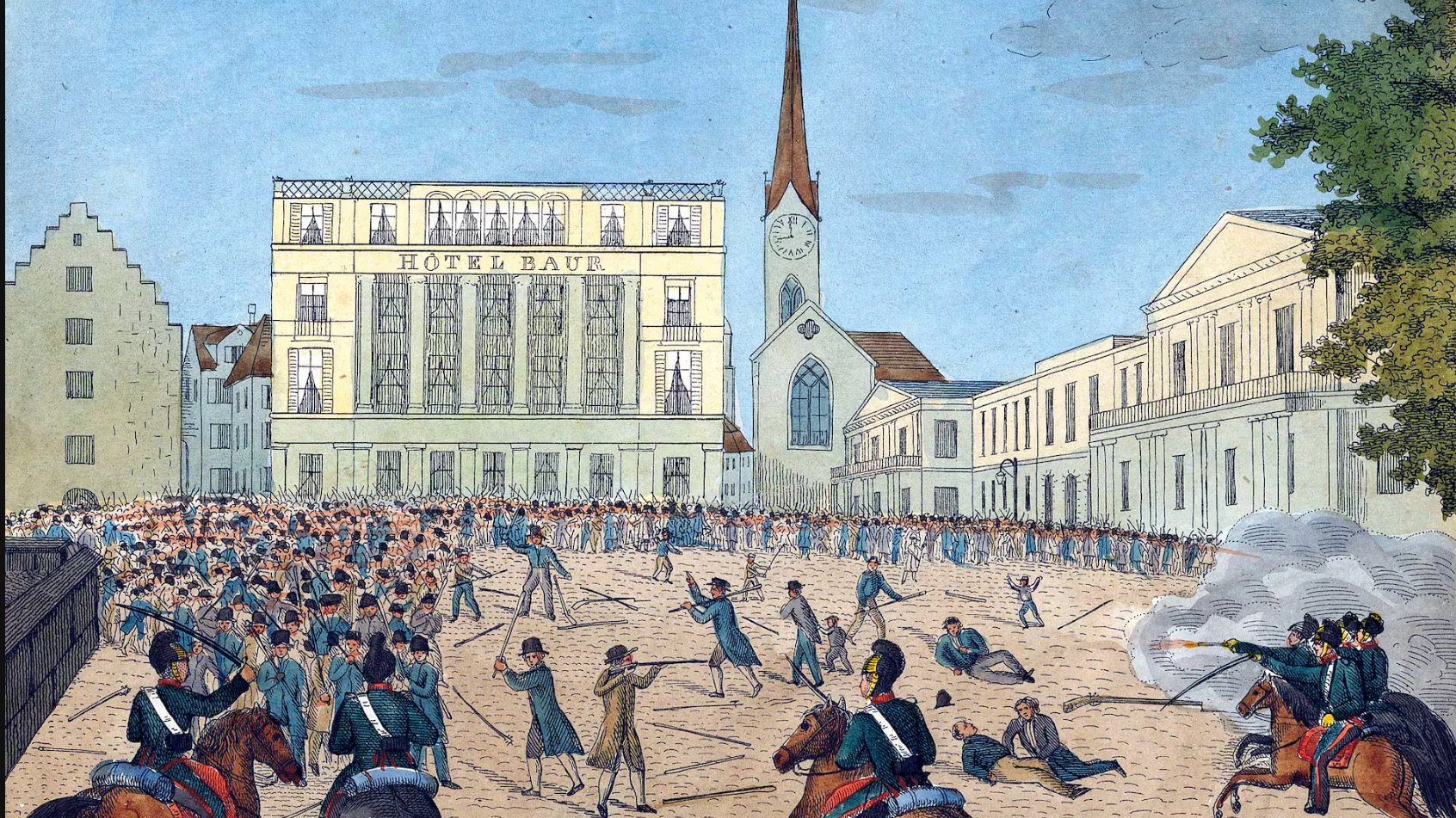 V roku 1839 sa vidiecke obyvateľstvo z oblasti Zürichu vzbúrilo proti vláde. „Zürichský puč“ si vyžiadal 15 obetí a zapísal sa do dejín. V pozadí obrázka možno rozpoznať kostol Fraumünster a hotel „Baur en Ville“.