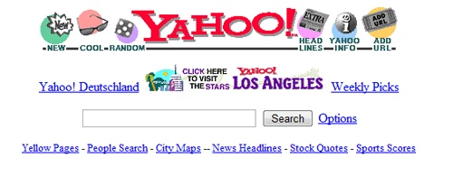 Tak wyglądała witryna główna Yahoo w 1996 roku. Dziś na taki minimalizm pozwolić może sobie co najwyżej Google