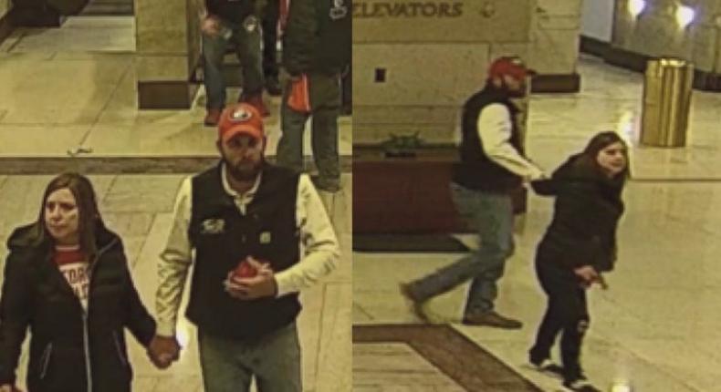 Charles Hand III and Mandy Robinson-Hand were captured on security camera footage throughout the Capitol on January 6.