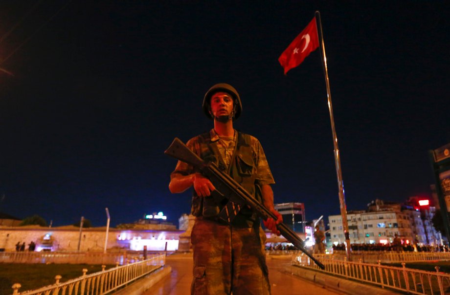 A Turkish military stands guard near the Taksim Square in Istanbul.