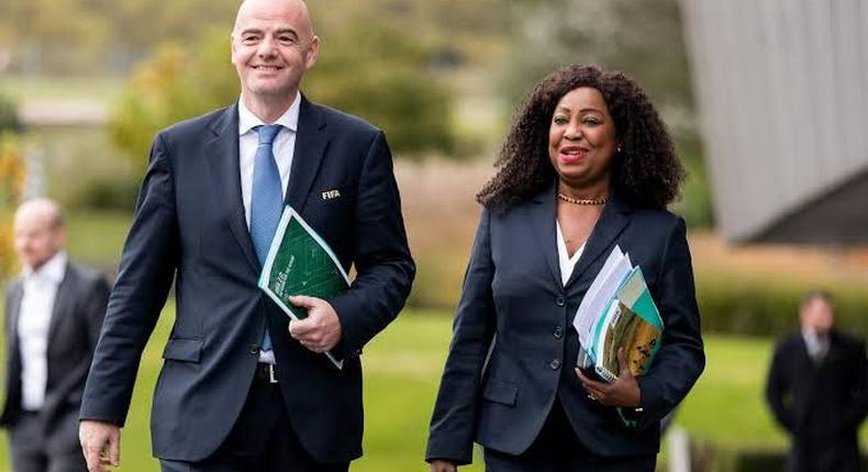 FIFA Secretary General Fatma Samoura, flanked by FIFA President Gianni Infantino