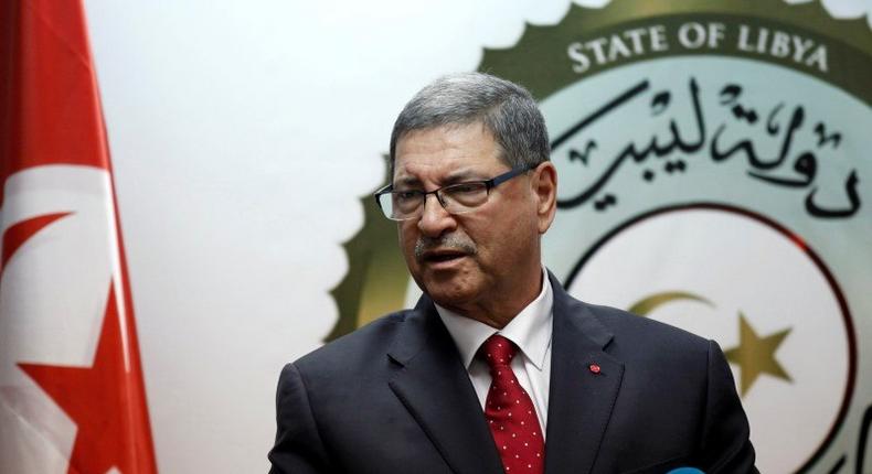 Tunisian Prime Minister Habib Essid delivers a speech during a joint news conference with Prime Minister of Libya's unity government Fayez Seraj (not pictured) in Tripoli, Libya, May 6, 2016. 