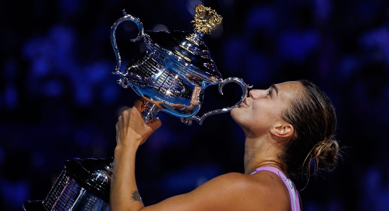 Sabalenka kisses the Daphne Akhurst Memorial Cup after winning the 2023 Australian Open.Mike Frey-USA TODAY Sports